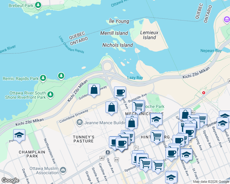 map of restaurants, bars, coffee shops, grocery stores, and more near in Ottawa