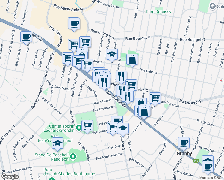 map of restaurants, bars, coffee shops, grocery stores, and more near 4 Rue Robinson Nord in Granby