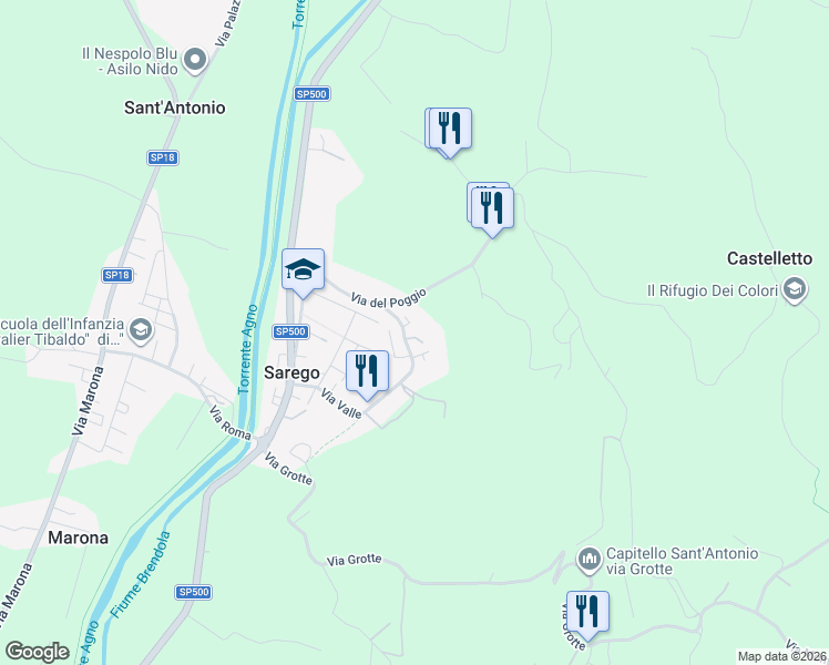 map of restaurants, bars, coffee shops, grocery stores, and more near 108 Via Valle in Sarego