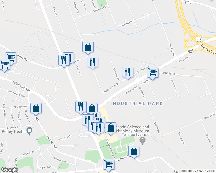 map of restaurants, bars, coffee shops, grocery stores, and more near 1133 Newmarket Street in Ottawa
