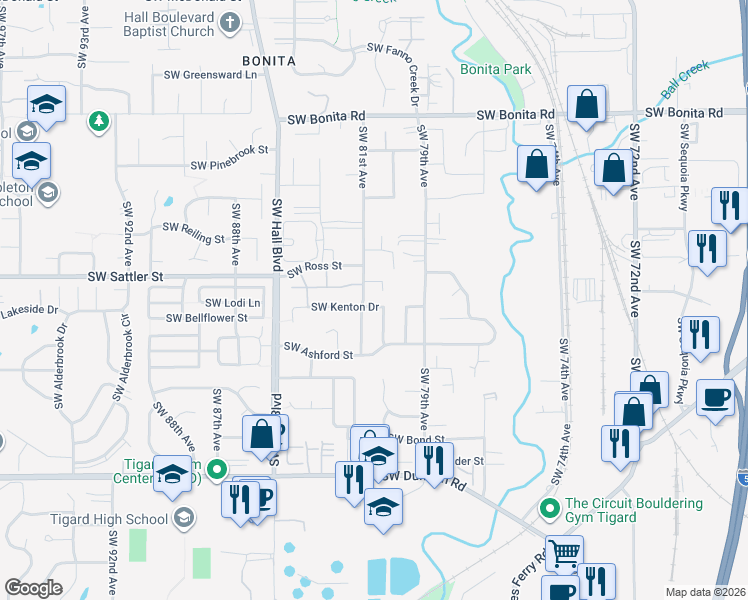 map of restaurants, bars, coffee shops, grocery stores, and more near 15254 Southwest Kenton Drive in Tigard