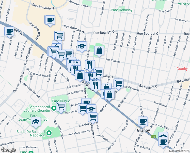 map of restaurants, bars, coffee shops, grocery stores, and more near in Granby