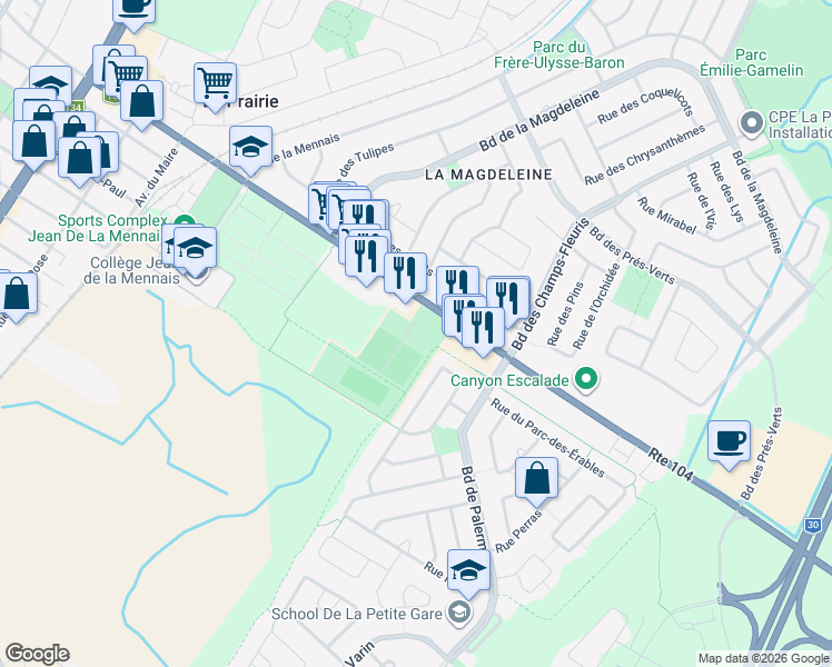 map of restaurants, bars, coffee shops, grocery stores, and more near 1300 Chemin de Saint-Jean in La Prairie