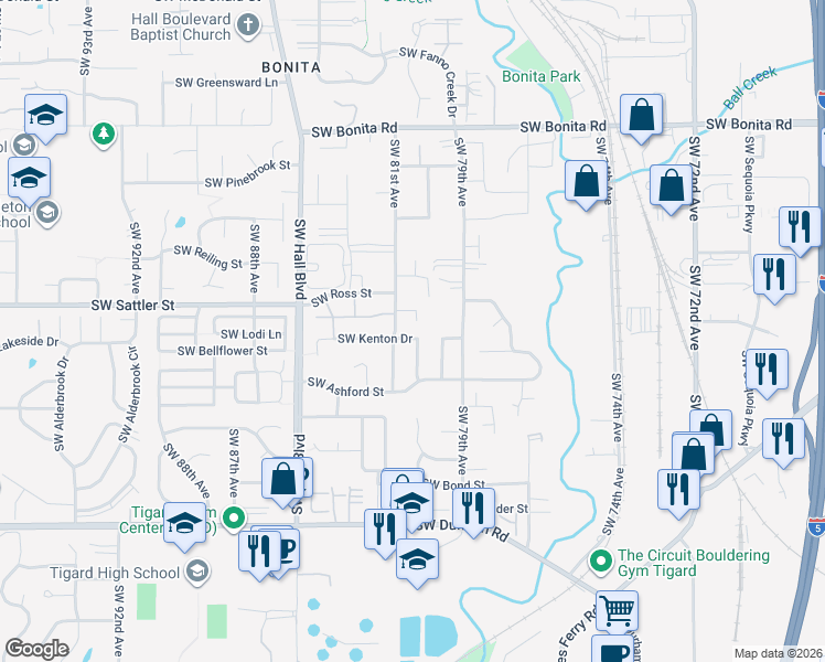 map of restaurants, bars, coffee shops, grocery stores, and more near 15254 Southwest Kenton Drive in Tigard