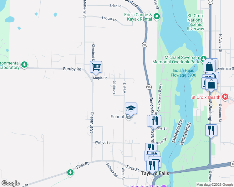 map of restaurants, bars, coffee shops, grocery stores, and more near 479 Oak Street in Taylors Falls