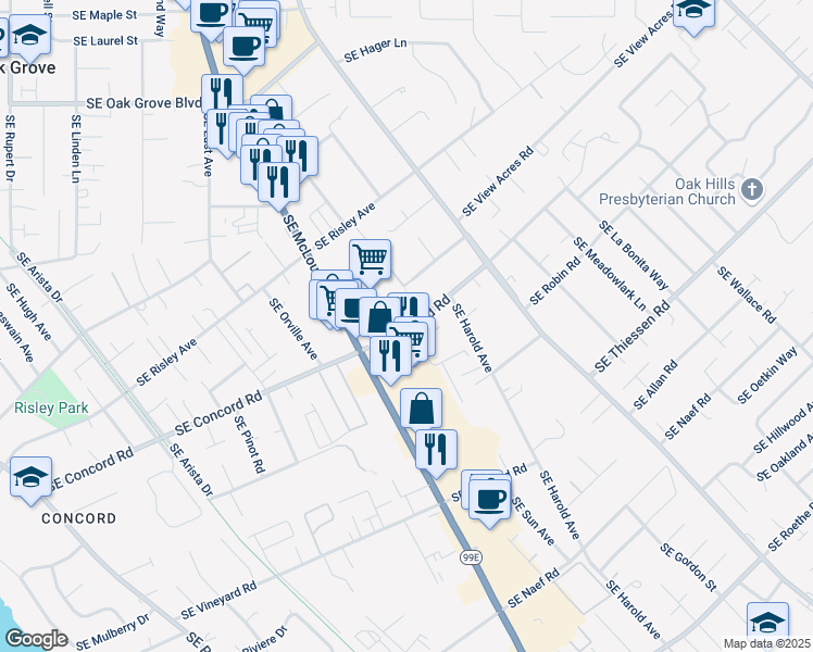 map of restaurants, bars, coffee shops, grocery stores, and more near 3625 Southeast Concord Road in Oak Grove