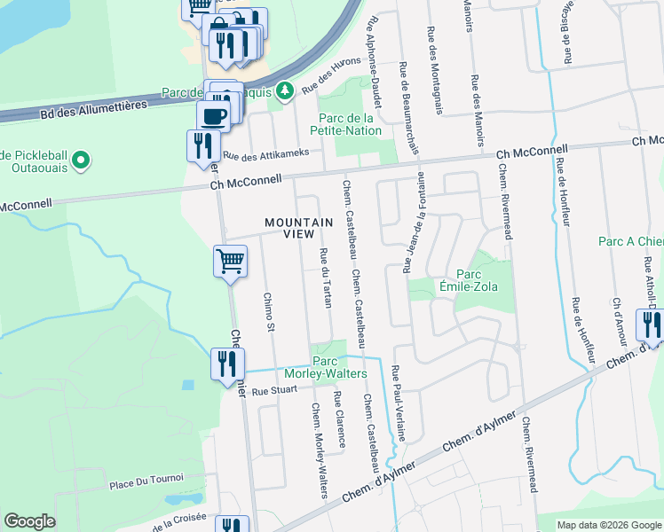 map of restaurants, bars, coffee shops, grocery stores, and more near 106 Rue du Tartan in Gatineau