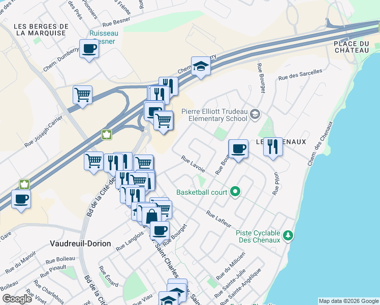 map of restaurants, bars, coffee shops, grocery stores, and more near 3124 Rue Labelle in Vaudreuil-Dorion