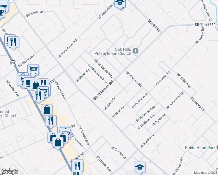 map of restaurants, bars, coffee shops, grocery stores, and more near 4724 Southeast Thiessen Road in Milwaukie