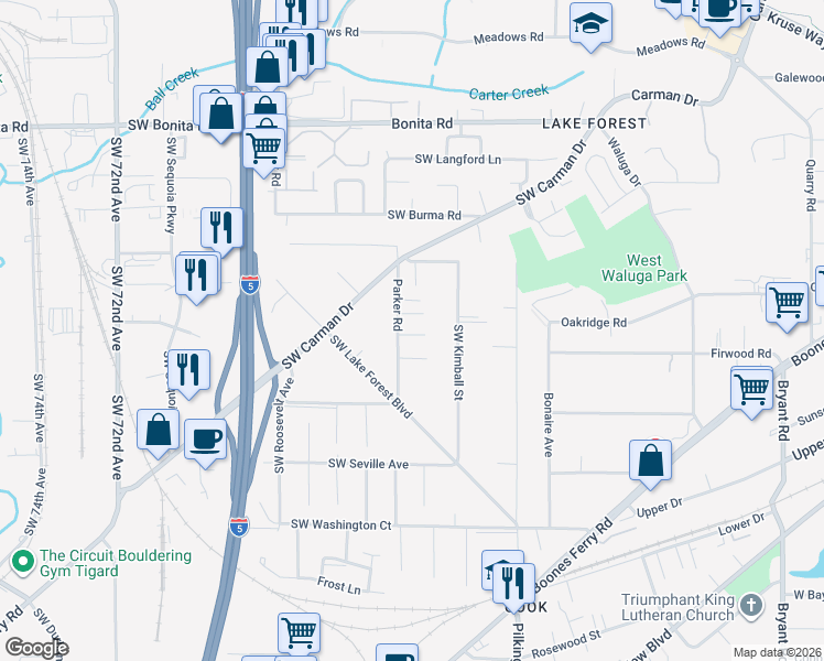 map of restaurants, bars, coffee shops, grocery stores, and more near 16020 Parker Road in Lake Oswego