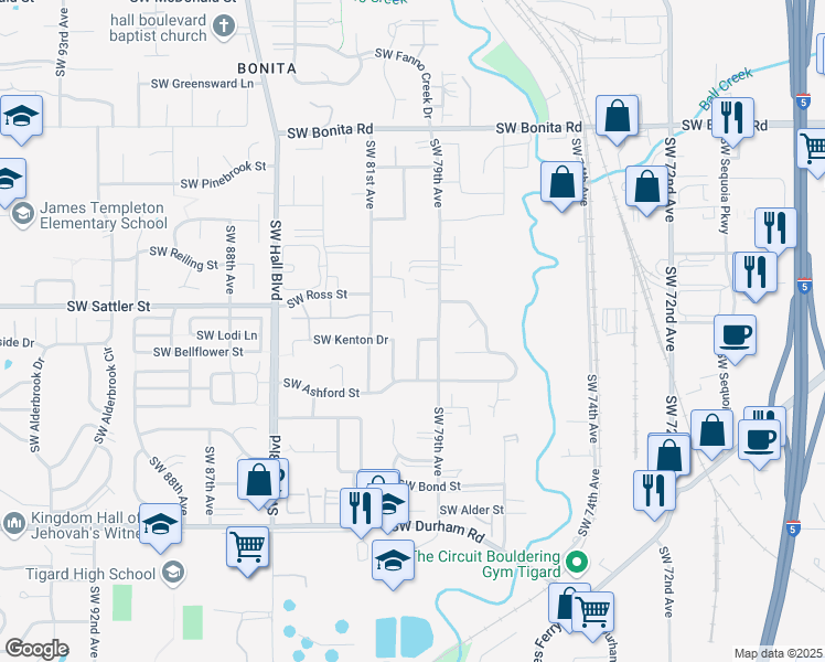 map of restaurants, bars, coffee shops, grocery stores, and more near 15279 Southwest Thurston Lane in Tigard