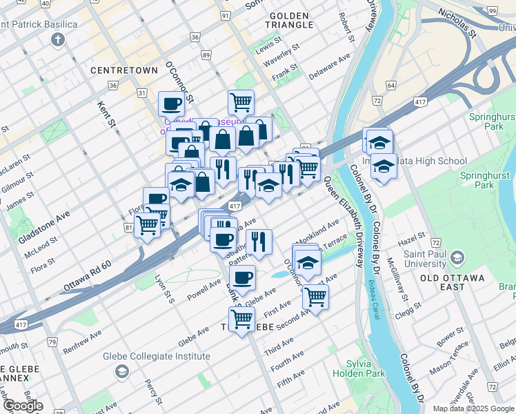 map of restaurants, bars, coffee shops, grocery stores, and more near 461 Rue O'Connor Street in Ottawa