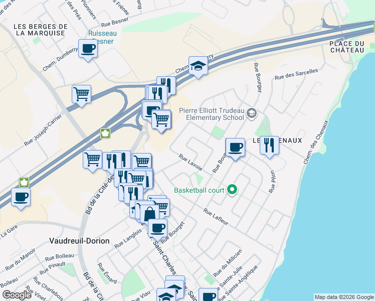 map of restaurants, bars, coffee shops, grocery stores, and more near 3124 Rue Labelle in Vaudreuil-Dorion