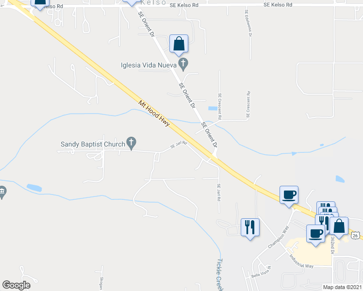 map of restaurants, bars, coffee shops, grocery stores, and more near 34780 Southeast Jarl Road in Boring