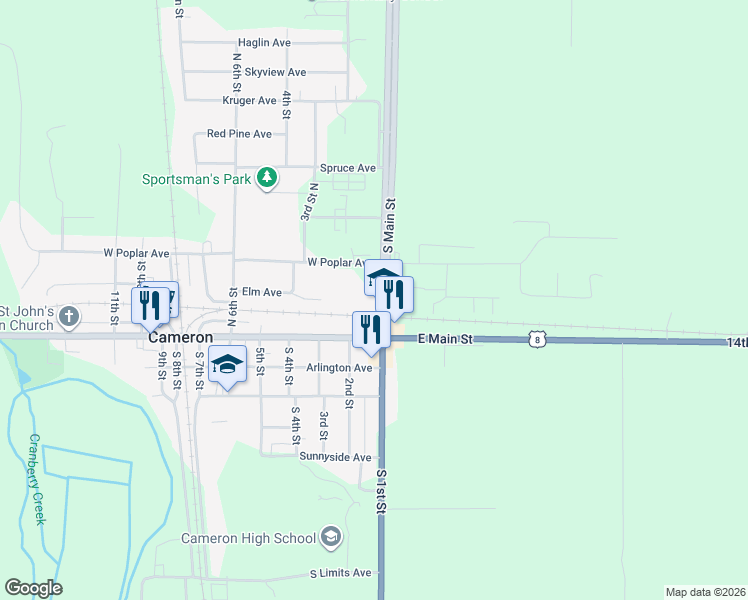 map of restaurants, bars, coffee shops, grocery stores, and more near 110 North 1st Street in Cameron