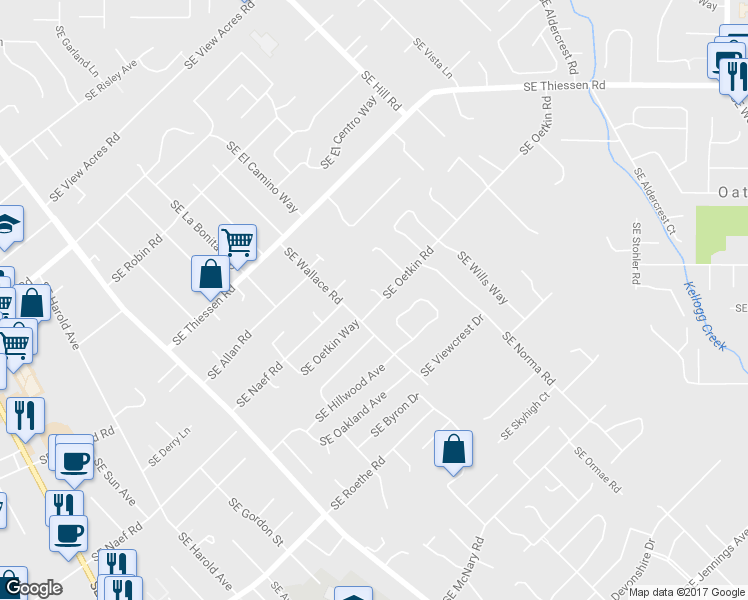 map of restaurants, bars, coffee shops, grocery stores, and more near 5355 Southeast Oetkin Road in Milwaukie