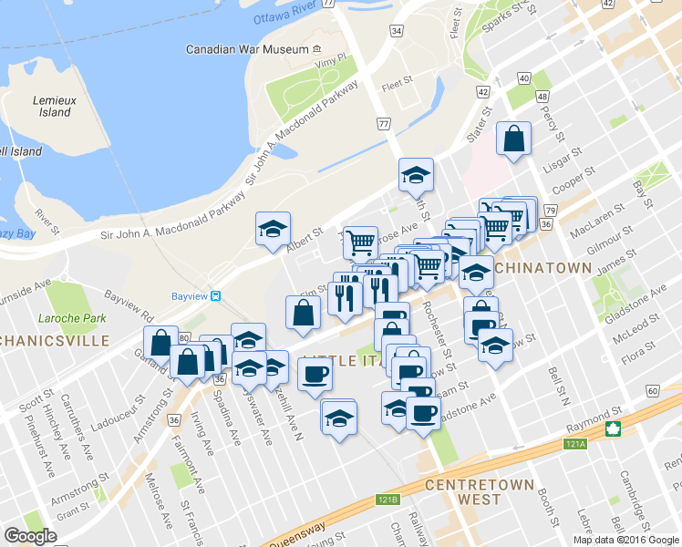 map of restaurants, bars, coffee shops, grocery stores, and more near in Ottawa
