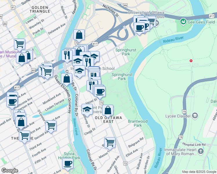 map of restaurants, bars, coffee shops, grocery stores, and more near in Ottawa