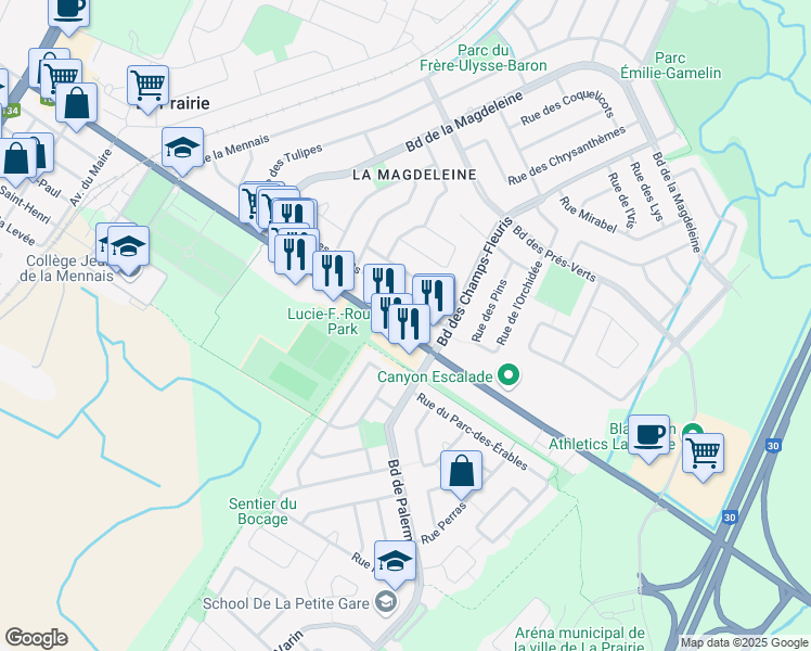 map of restaurants, bars, coffee shops, grocery stores, and more near 1406 Chemin de Saint-Jean in La Prairie