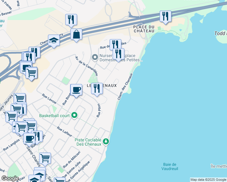 map of restaurants, bars, coffee shops, grocery stores, and more near 3004 Avenue de la Canardière in Vaudreuil-Dorion