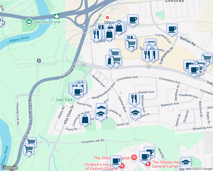 map of restaurants, bars, coffee shops, grocery stores, and more near 40 Santa Cruz Private in Ottawa