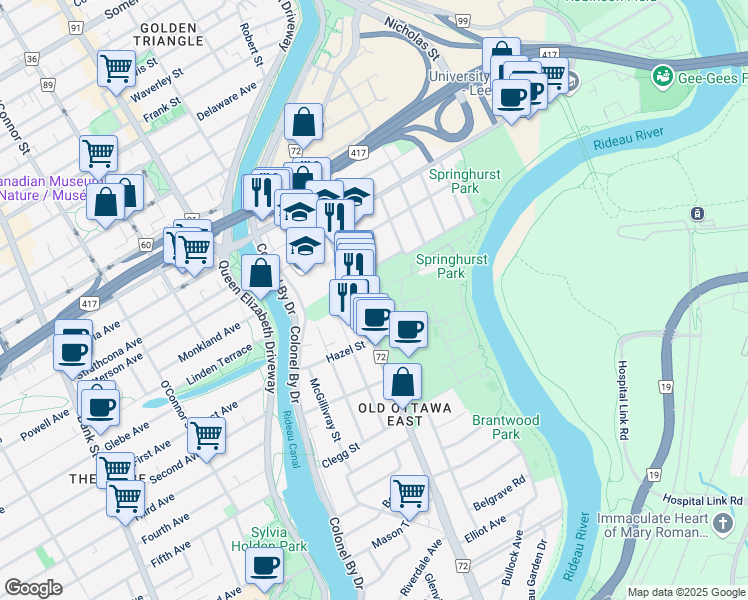 map of restaurants, bars, coffee shops, grocery stores, and more near 6 Des Oblats Avenue in Ottawa