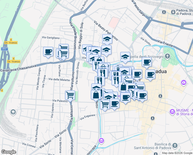 map of restaurants, bars, coffee shops, grocery stores, and more near 24 Riviera San Benedetto in Padua