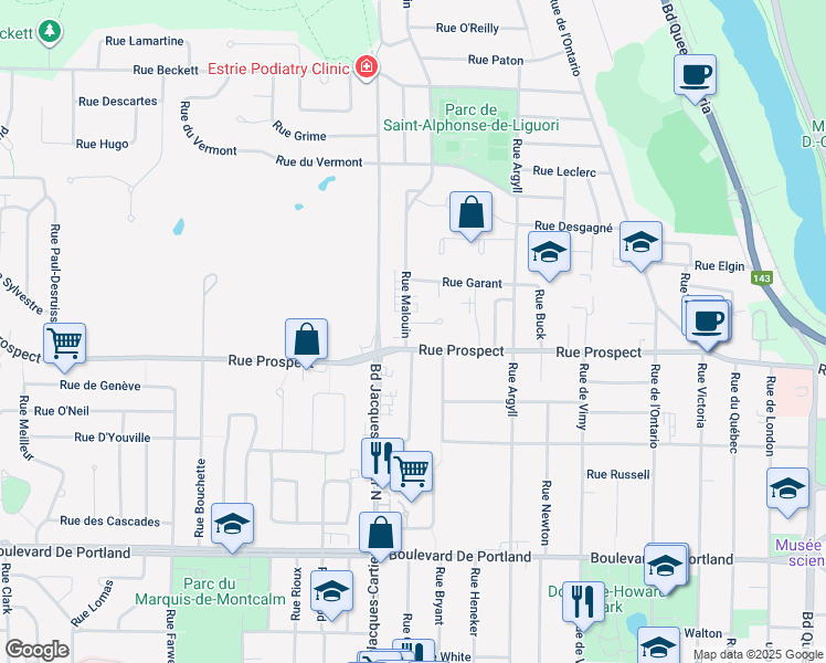 map of restaurants, bars, coffee shops, grocery stores, and more near 752 Rue Malouin in Sherbrooke