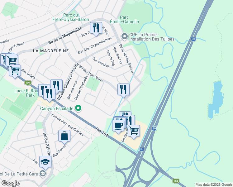 map of restaurants, bars, coffee shops, grocery stores, and more near 475 Boulevard des Prés-Verts in La Prairie