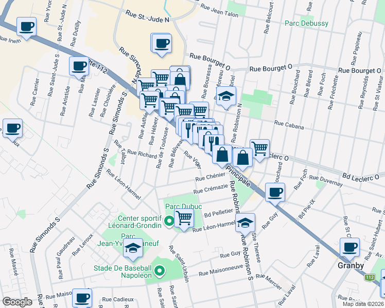 map of restaurants, bars, coffee shops, grocery stores, and more near 29 Rue Viger in Granby