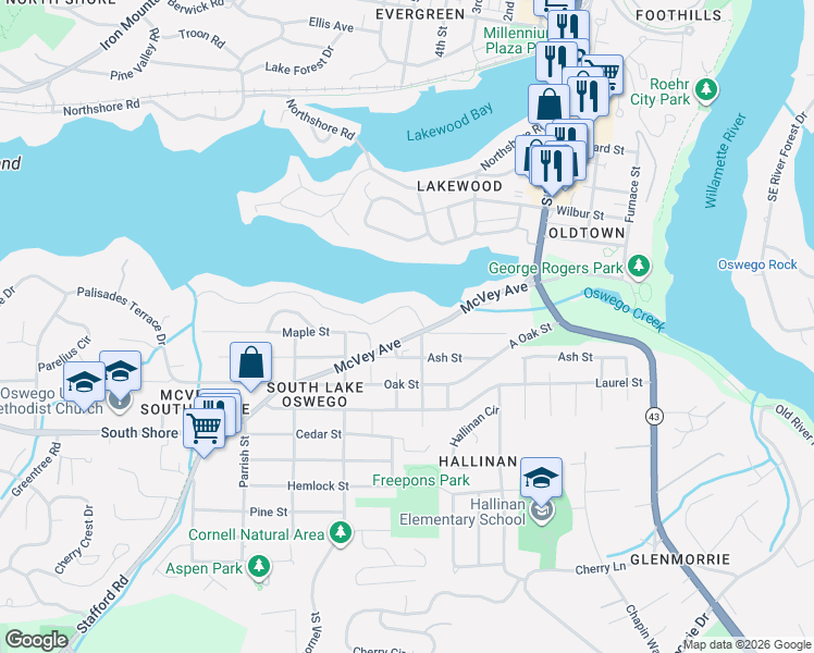 map of restaurants, bars, coffee shops, grocery stores, and more near 820 McVey Avenue in Lake Oswego