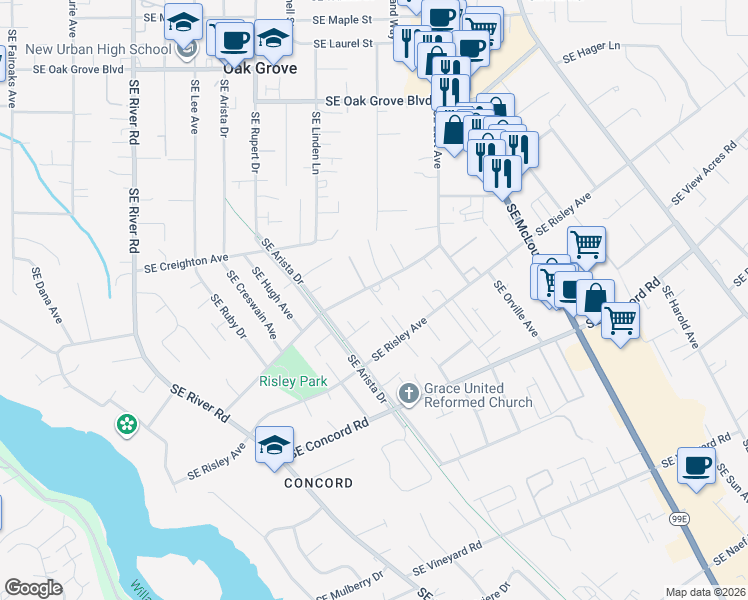 map of restaurants, bars, coffee shops, grocery stores, and more near 2679 Southeast Davies Court in Milwaukie