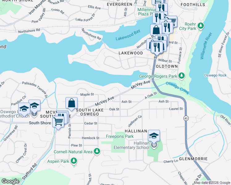 map of restaurants, bars, coffee shops, grocery stores, and more near 820 McVey Avenue in Lake Oswego