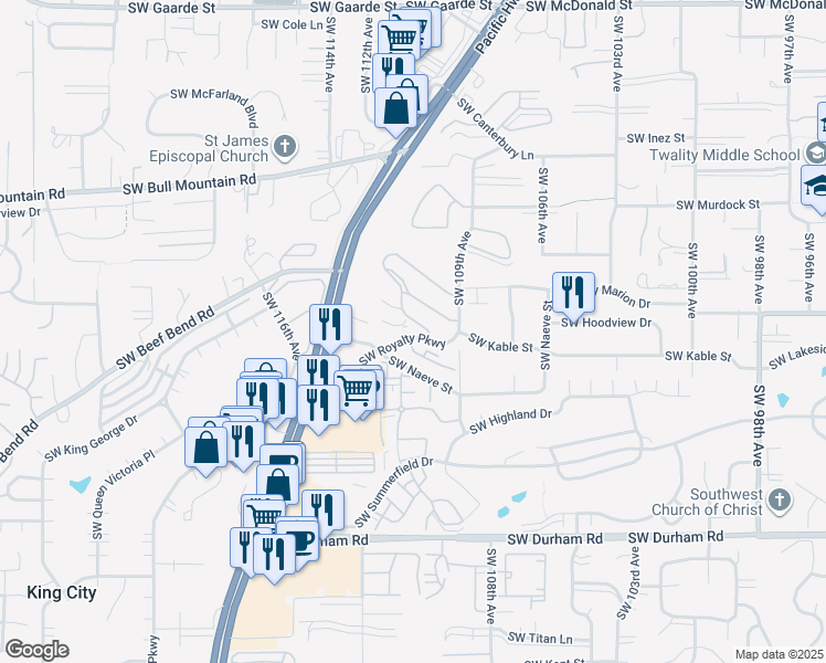 map of restaurants, bars, coffee shops, grocery stores, and more near 15199 Southwest Royalty Parkway in Tigard