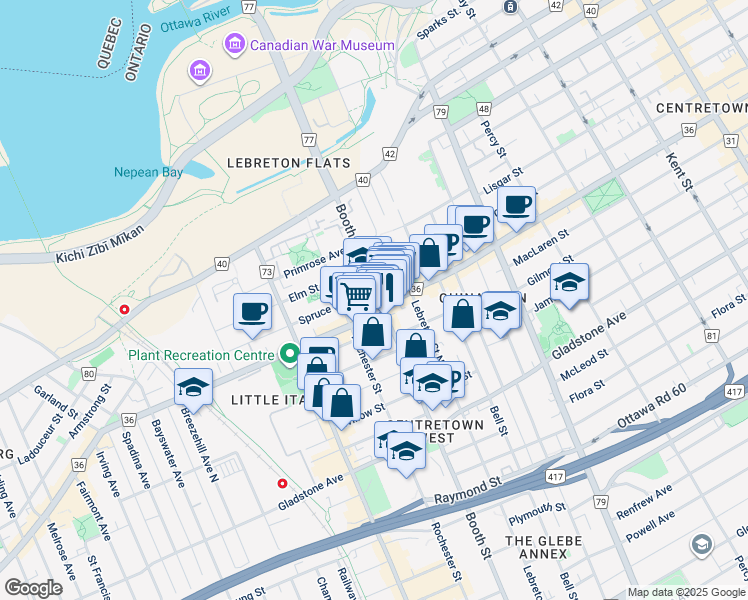 map of restaurants, bars, coffee shops, grocery stores, and more near in Ottawa