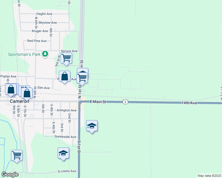 map of restaurants, bars, coffee shops, grocery stores, and more near 206 Soo Avenue in Cameron