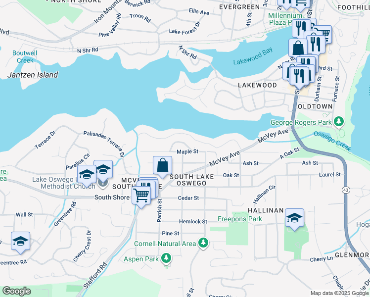map of restaurants, bars, coffee shops, grocery stores, and more near 1318 Horseshoe Curve in Lake Oswego