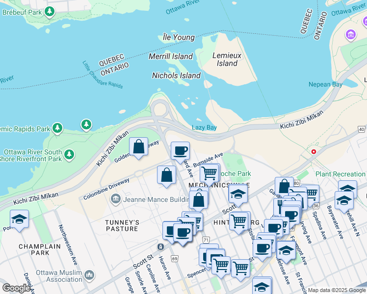 map of restaurants, bars, coffee shops, grocery stores, and more near 89 Forward Avenue in Ottawa
