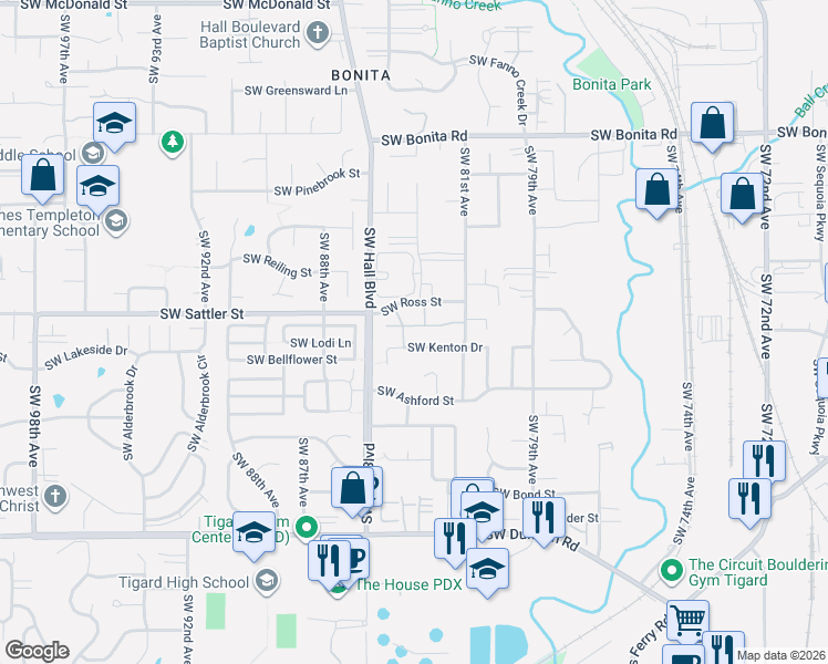map of restaurants, bars, coffee shops, grocery stores, and more near 8330 Southwest Norfolk Lane in Tigard