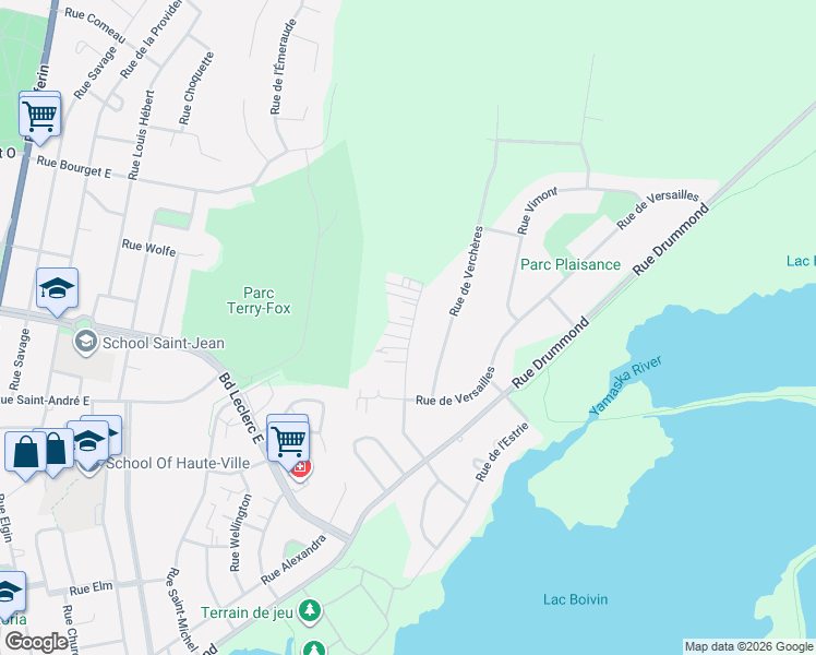 map of restaurants, bars, coffee shops, grocery stores, and more near 104 Rue Quévillon in Granby