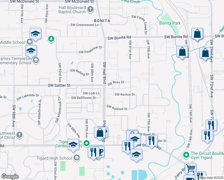 map of restaurants, bars, coffee shops, grocery stores, and more near 15301 Southwest 84th Avenue in Tigard