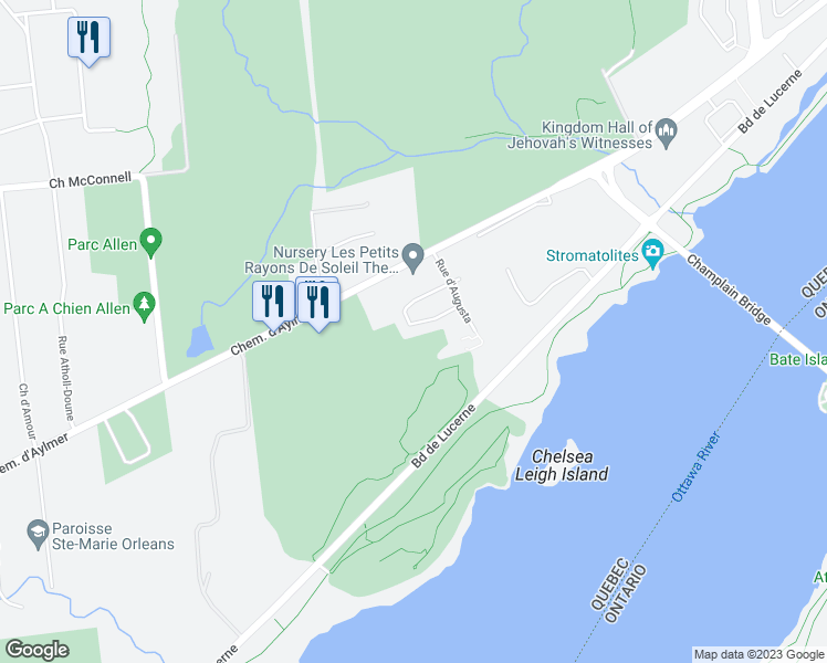 map of restaurants, bars, coffee shops, grocery stores, and more near 55 Rue du Colonial in Gatineau