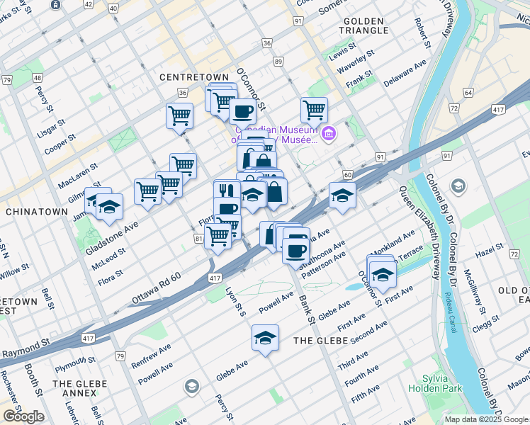 map of restaurants, bars, coffee shops, grocery stores, and more near in Ottawa