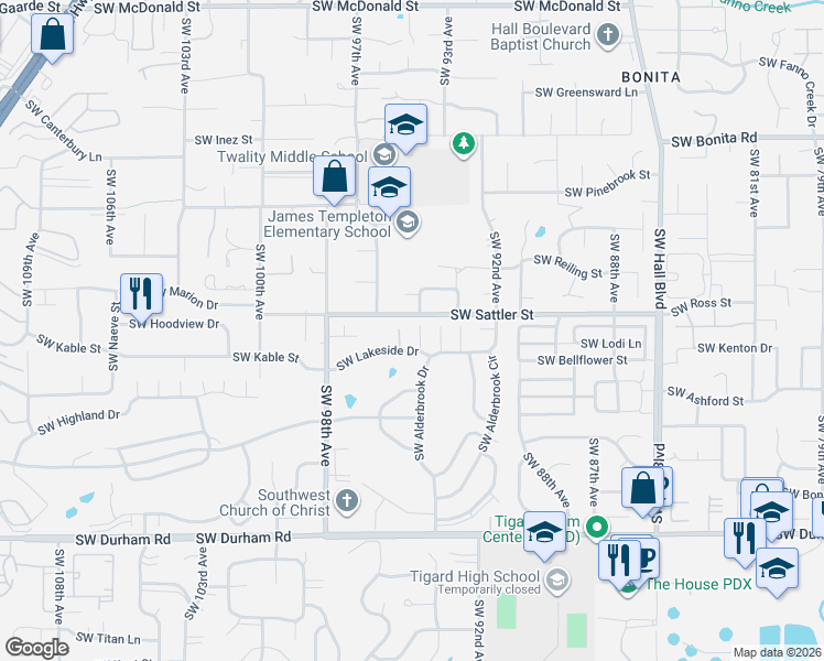 map of restaurants, bars, coffee shops, grocery stores, and more near 15235 Southwest 94th Avenue in Tigard