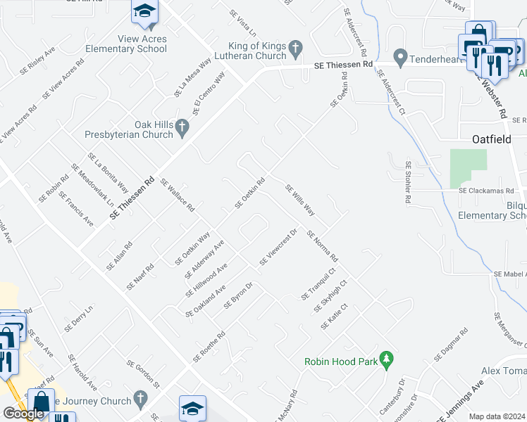 map of restaurants, bars, coffee shops, grocery stores, and more near 5574 Southeast Hillwood Circle in Milwaukie