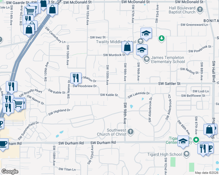 map of restaurants, bars, coffee shops, grocery stores, and more near 15240 Southwest 100th Avenue in Tigard