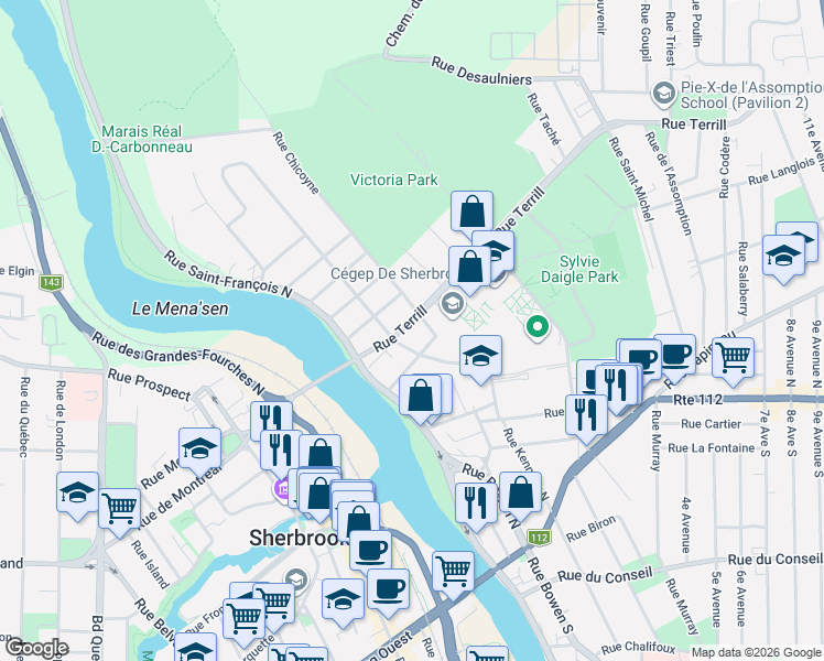 map of restaurants, bars, coffee shops, grocery stores, and more near 156 Rue Terrill in Sherbrooke