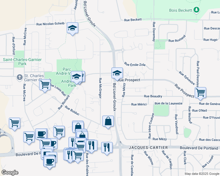 map of restaurants, bars, coffee shops, grocery stores, and more near 680 Rue McGregor in Sherbrooke
