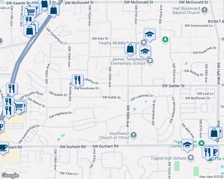 map of restaurants, bars, coffee shops, grocery stores, and more near 15240 Southwest 100th Avenue in Tigard
