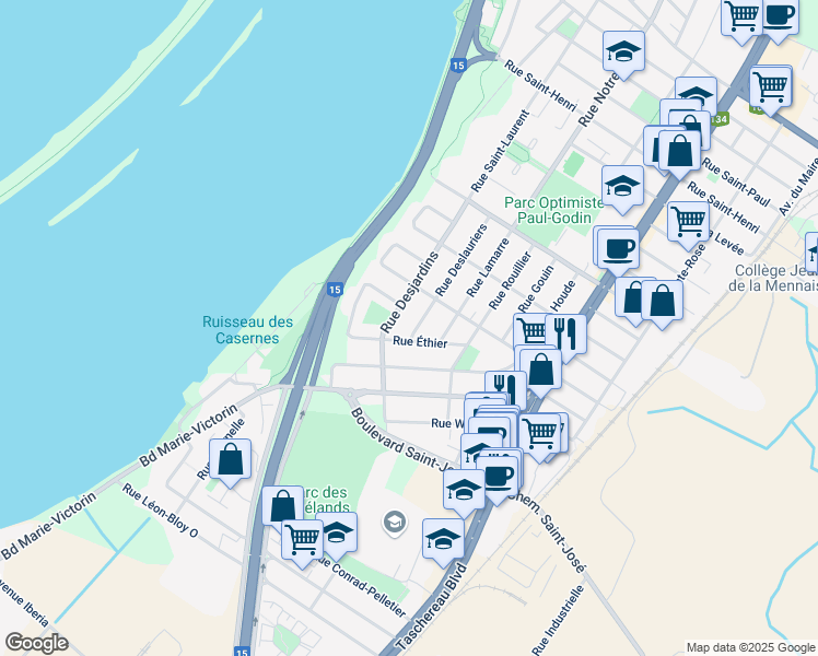 map of restaurants, bars, coffee shops, grocery stores, and more near 890 Rue Deslauriers in La Prairie